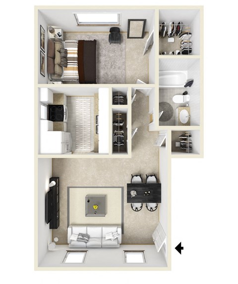 a stylized floor plan with a bedroom and a living room